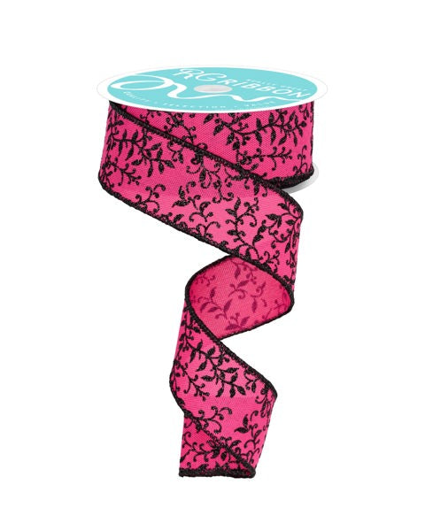 1.5"X10YD GLITTER MINI LEAF VINES-FUCHSIA/BLACK