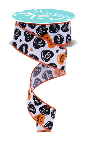 1.5"X10YD HALLOWEEN CANDY HEARTS WHITE/BLACK/ORANGE