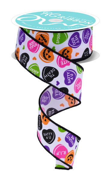 1.5"X10YD HALLOWEEN CANDY HEARTS WHT/ORNG/PNK/PRPL/LIME