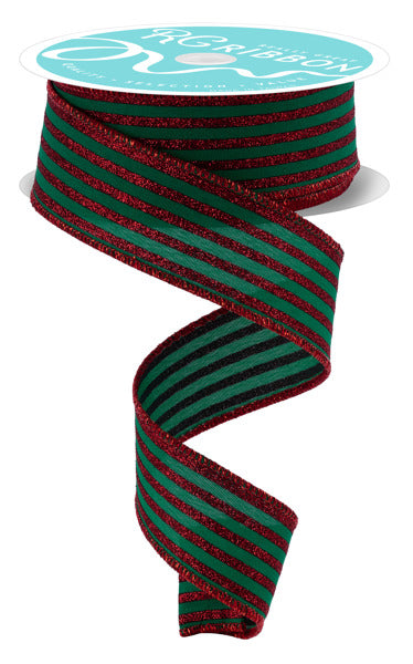 1.5"X10YD GLITTER VERTICAL STRIPE EMERALD GREEN/RED