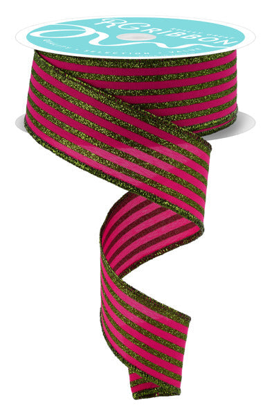 1.5"X10YD GLITTER VERTICAL STRIPE HOT PINK/LIME GREEN