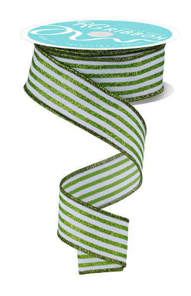 1.5"X10YD GLITTER VERTICAL STRIPE WHITE/LIME GREEN