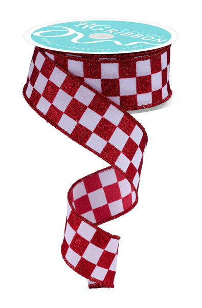 1.5"X10YD PRINT GLITTER CHECK WHITE/RED