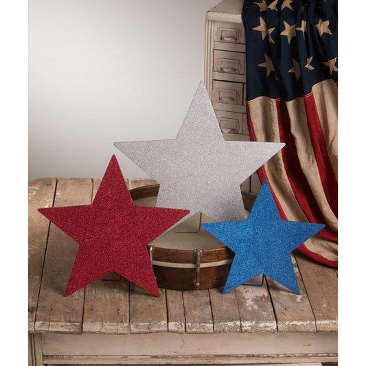 Bethany Lowe 2022 Americana Glittered Standing Stars Set Of 3.