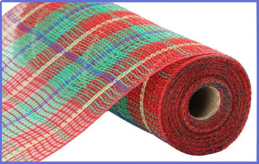 10.25"X10YD FAUX JUTE/LG PLAID MESH RED/EMERALD/RYL BLUE/GOLD