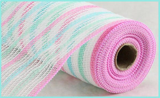 10.25"X10YD FAUX JUTE STRIPE MESH LT BLUE/MINT/LT PINK/WHT