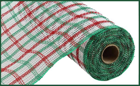 10.25"X10YD FAUX JUTE CHECK MESH WHITE/RED/EMERALD