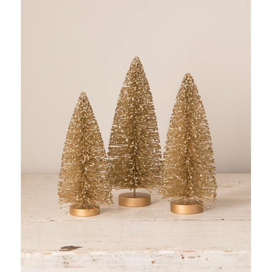 Bethany Lowe Peaceful Christmas, Old Gold Bottle Brush Trees, Set Of 3