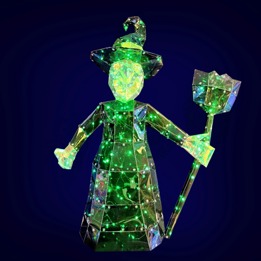 26" Iridescent LED Halloween Witch | Black Hat, Black Coat, Black Broomstick