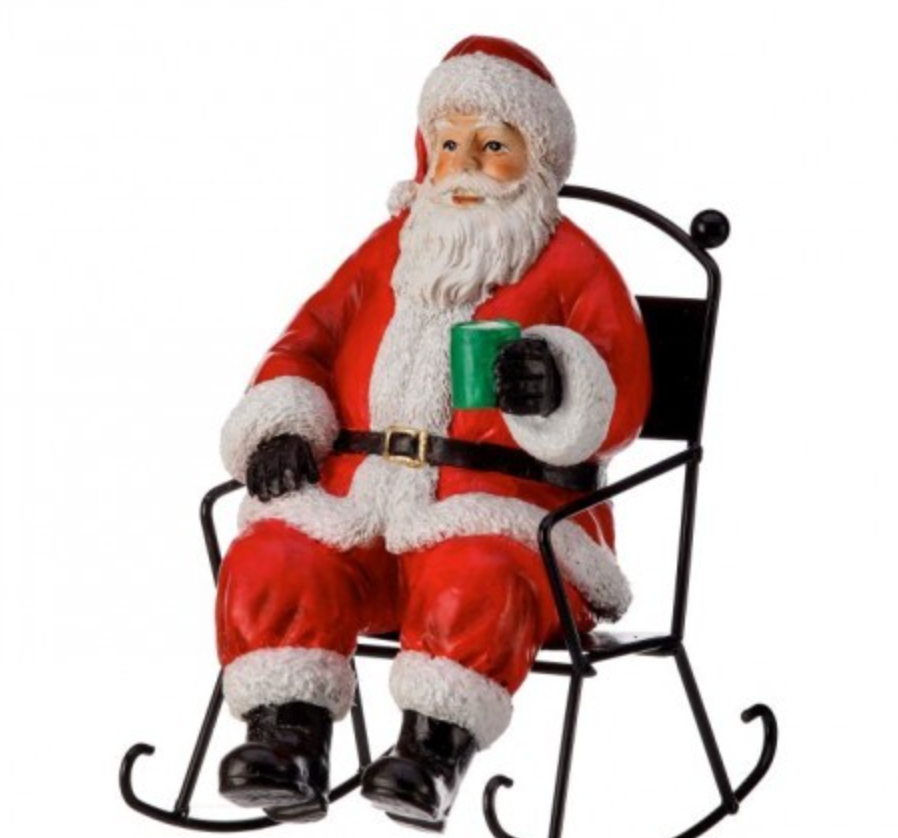 6.5" RESIN SANTA W/MUG IN METAL ROCKING CHAIR