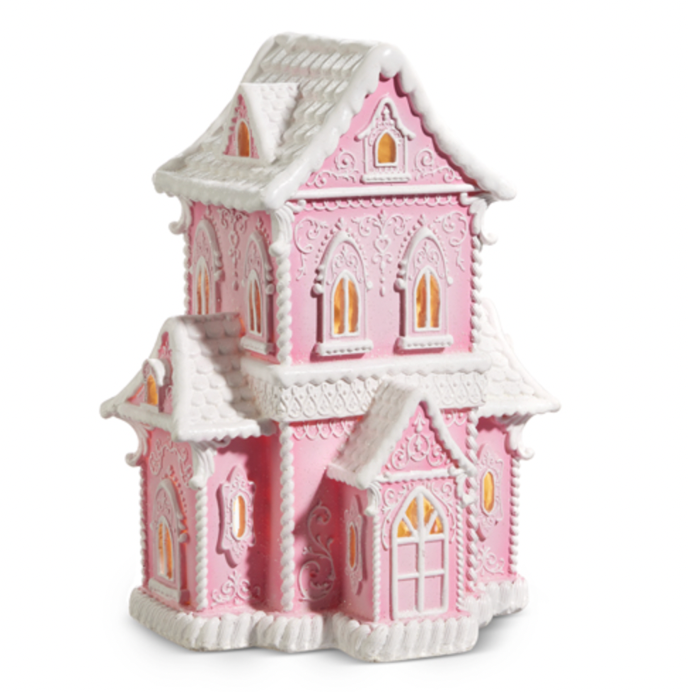 Santa's Sweet Shoppe Collection  14" PINK LIGHTED GINGERBREAD HOUSE