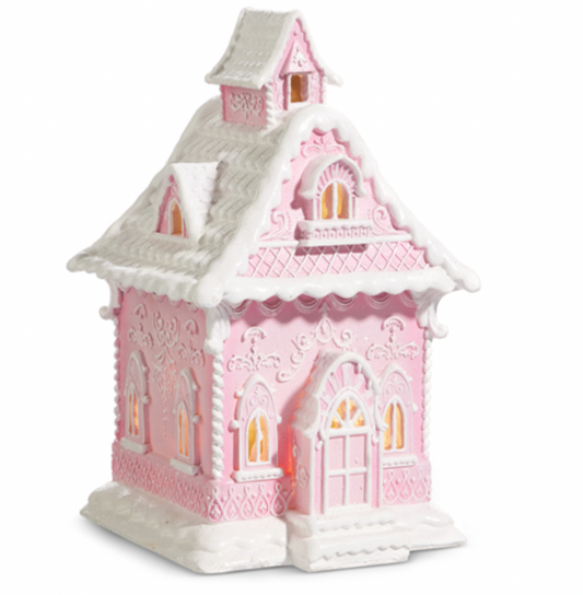 Santa's Sweet Shoppe Collection  13.25" PINK LIGHTED GINGERBREAD HOUSE