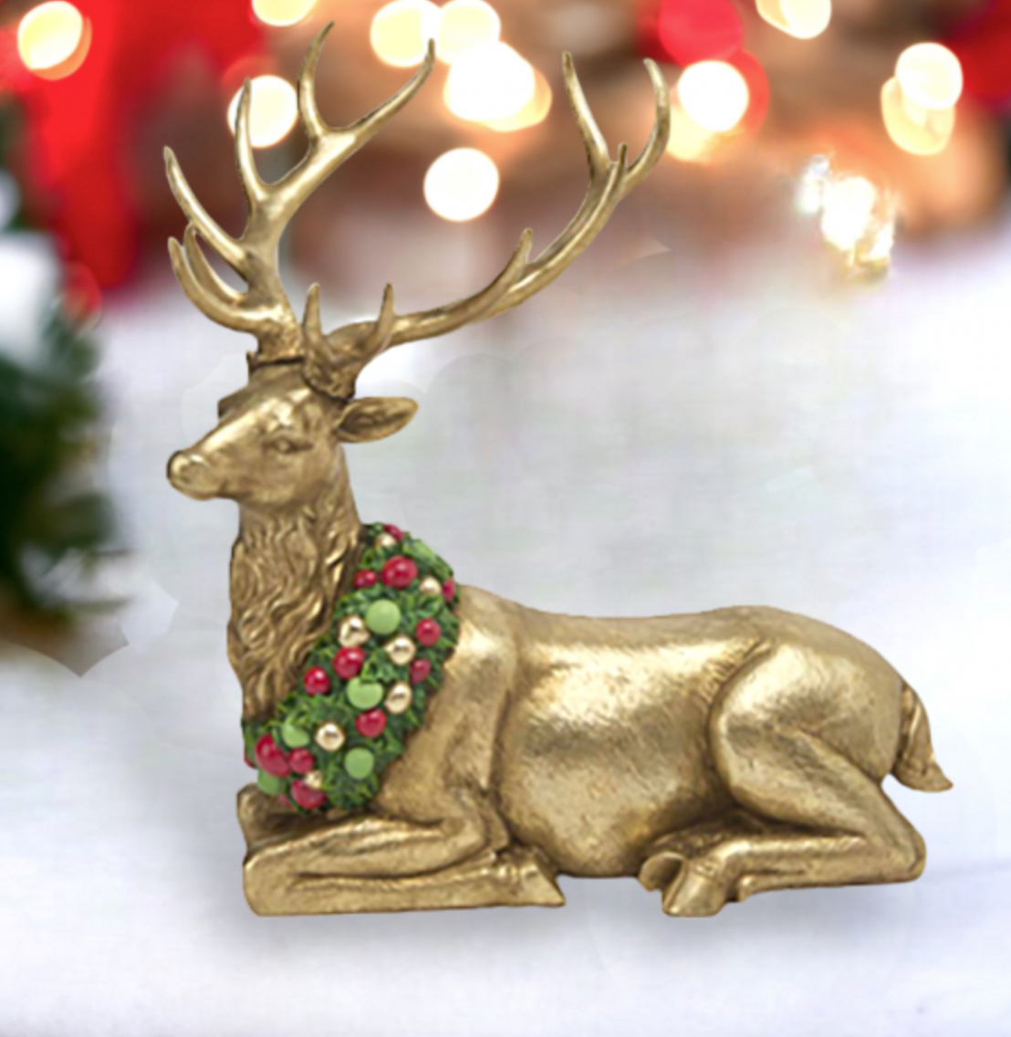 Christmas Carousel Collection 17" Gold Deer Laying with Neck Wreath