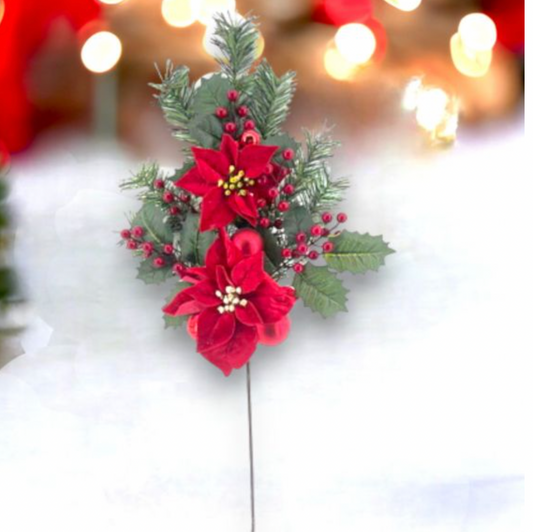 Christmas Carousel Collection 29.5in Evergreen with Red Poinsettia Stem Pick