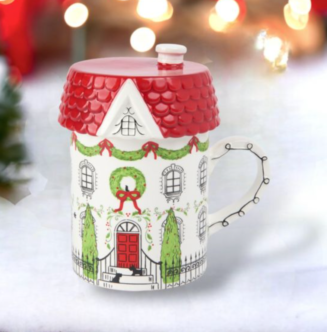 Christmas Carousel Collection Ceramic City House Mug with Topper Lid