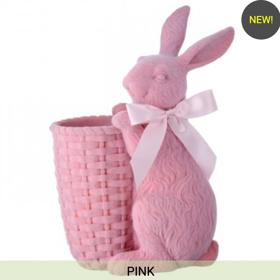 12" RESIN FLOCKED BUNNY W/BASKET