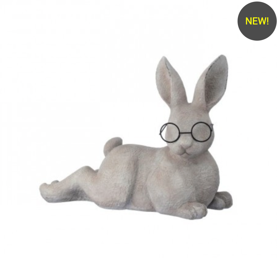 15" RESIN SITTING BUNNY W/ GLASSES  INDOOR / OUTDOORS