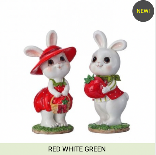 6" RESIN STRAWBERRY BUNNY SET OF 2