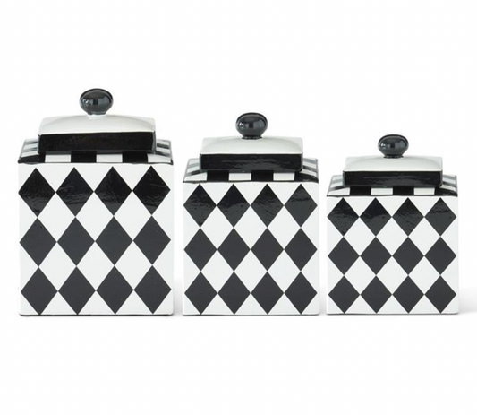 Set of 3 Royal Square Black & White Harlequin Lidded Containers