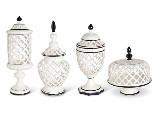 Set of 4 Royal White Lattice Cutout Lidded Ceramics w/Black Trim