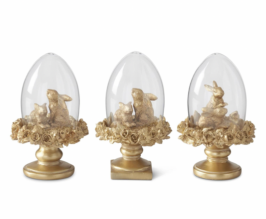 3 Assorted 6.25 Inch Royal Gold Resin Easter Bunny Egg Cloche Topiaries