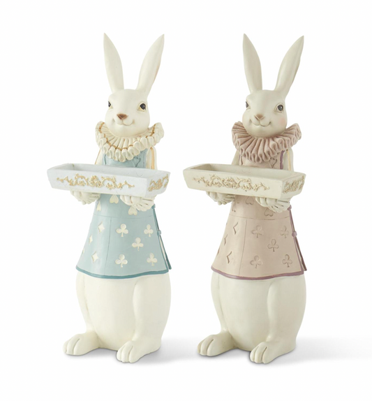 14.5" Pastel & Gold Resin Royal Jester Easter Bunnies with Tray - SET OF 2