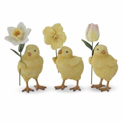 4.5" Resin Chicks w/Flowers - SET OF 3