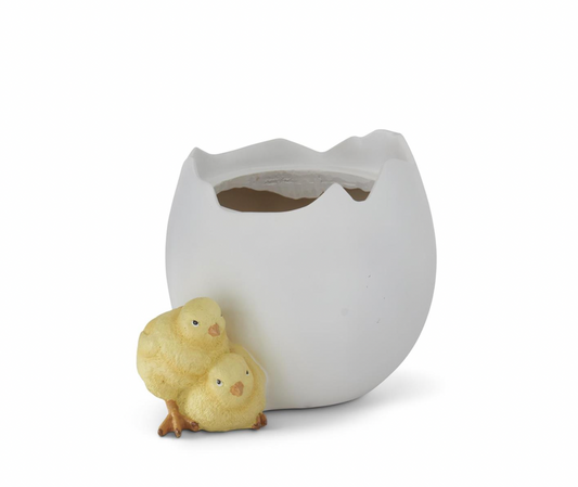 6" White Resin Egg Container with Chicks