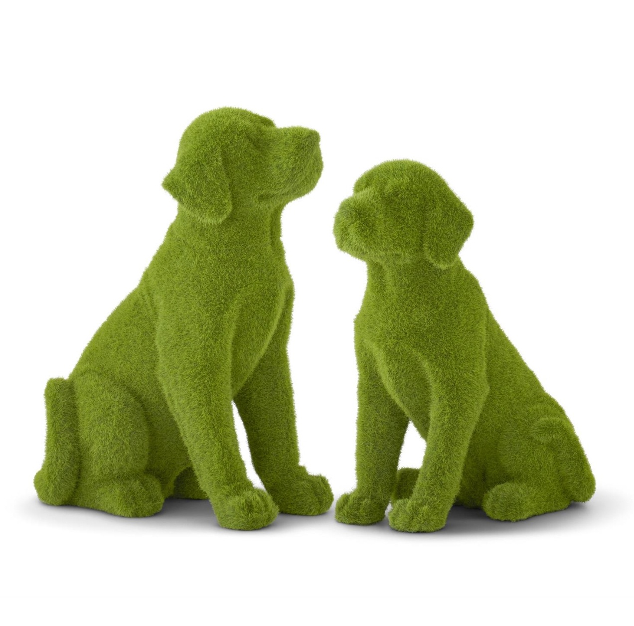 Set of 2 Resin Green Flocked Mossy Dogs