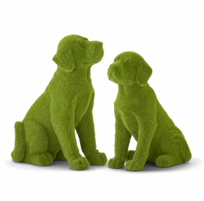 Set of 2 Resin Green Flocked Mossy Dogs