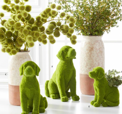 Set of 2 Resin Green Flocked Mossy Dogs
