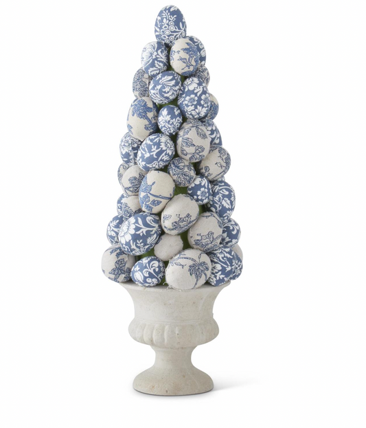 15" Blue & White Floral Fabric Egg Topiary