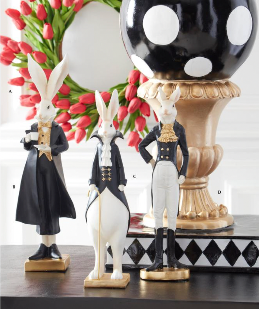 15.5" Resin Royal Black White & Gold Easter Bunnies - SET OF 2