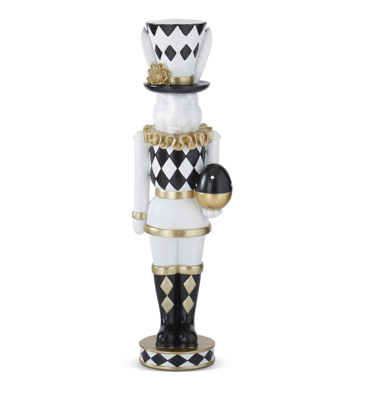 17.75" Resin Royal White Black & Gold Easter Bunny Soldier Holding Egg