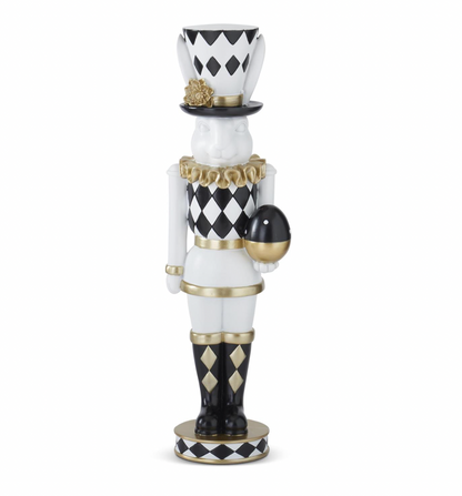 17.75" Resin Royal White Black & Gold Easter Bunny Soldier Holding Egg