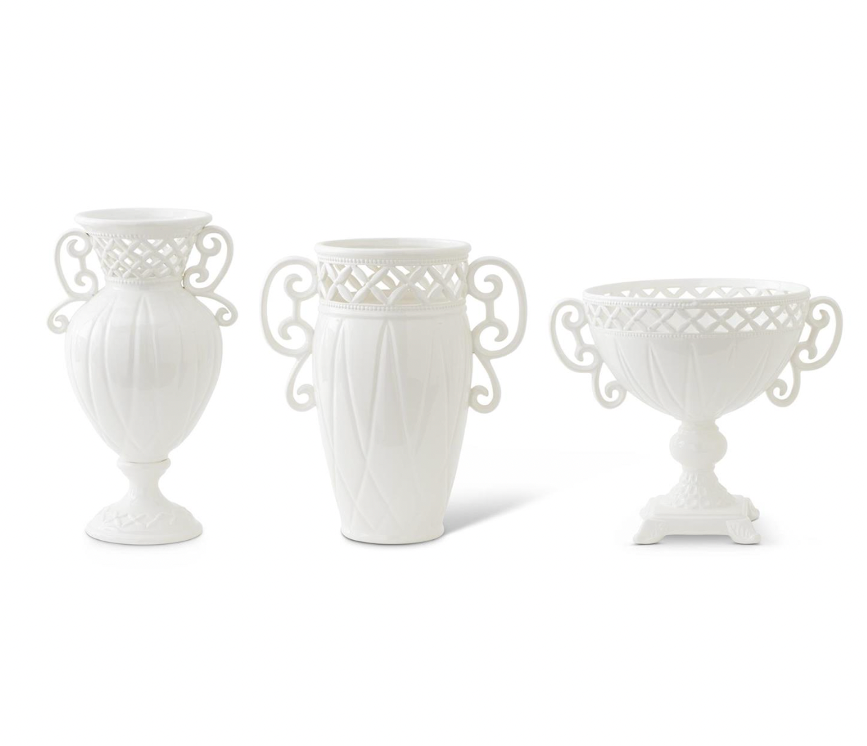 Set of 3 White Ceramic Vases w/Ornate Rim
