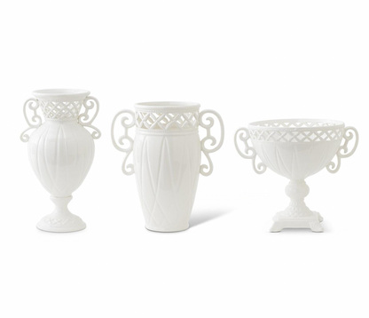 Set of 3 White Ceramic Vases w/Ornate Rim