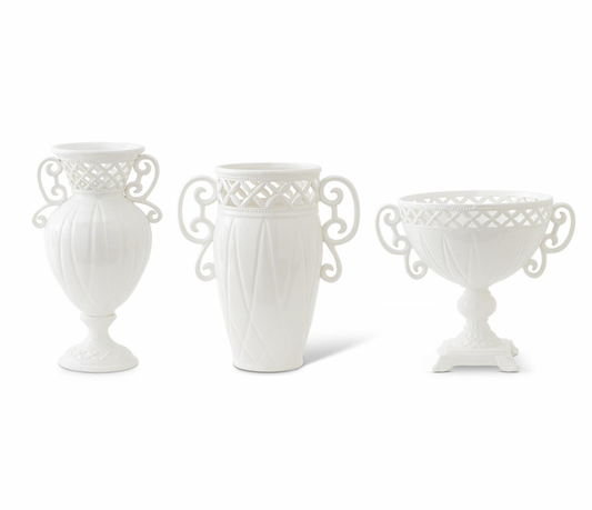 Set of 3 White Ceramic Vases w/Ornate Rim