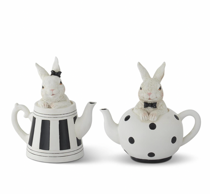 6" Inch White Resin Royal Bunnies in Black & White Teapots - SET OF 2