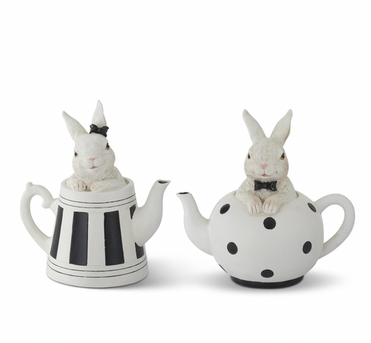 6" Inch White Resin Royal Bunnies in Black & White Teapots - SET OF 2