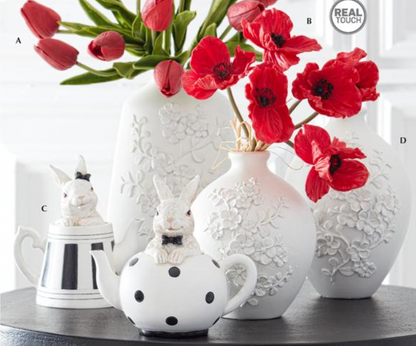 6" Inch White Resin Royal Bunnies in Black & White Teapots - SET OF 2