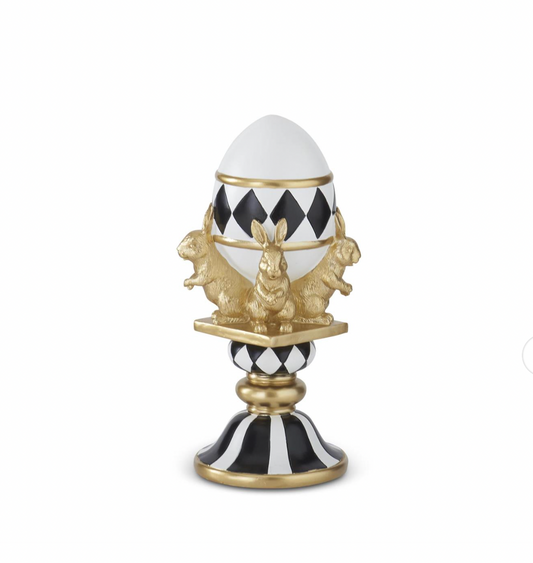 12.5" White Gold & Black Royal Easter Egg w/Bunnies on Pedestal