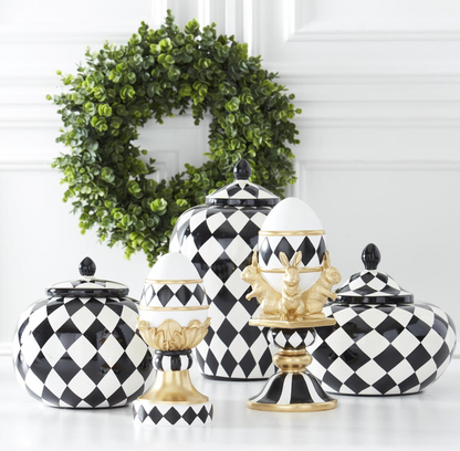 12.5" White Gold & Black Royal Easter Egg w/Bunnies on Pedestal