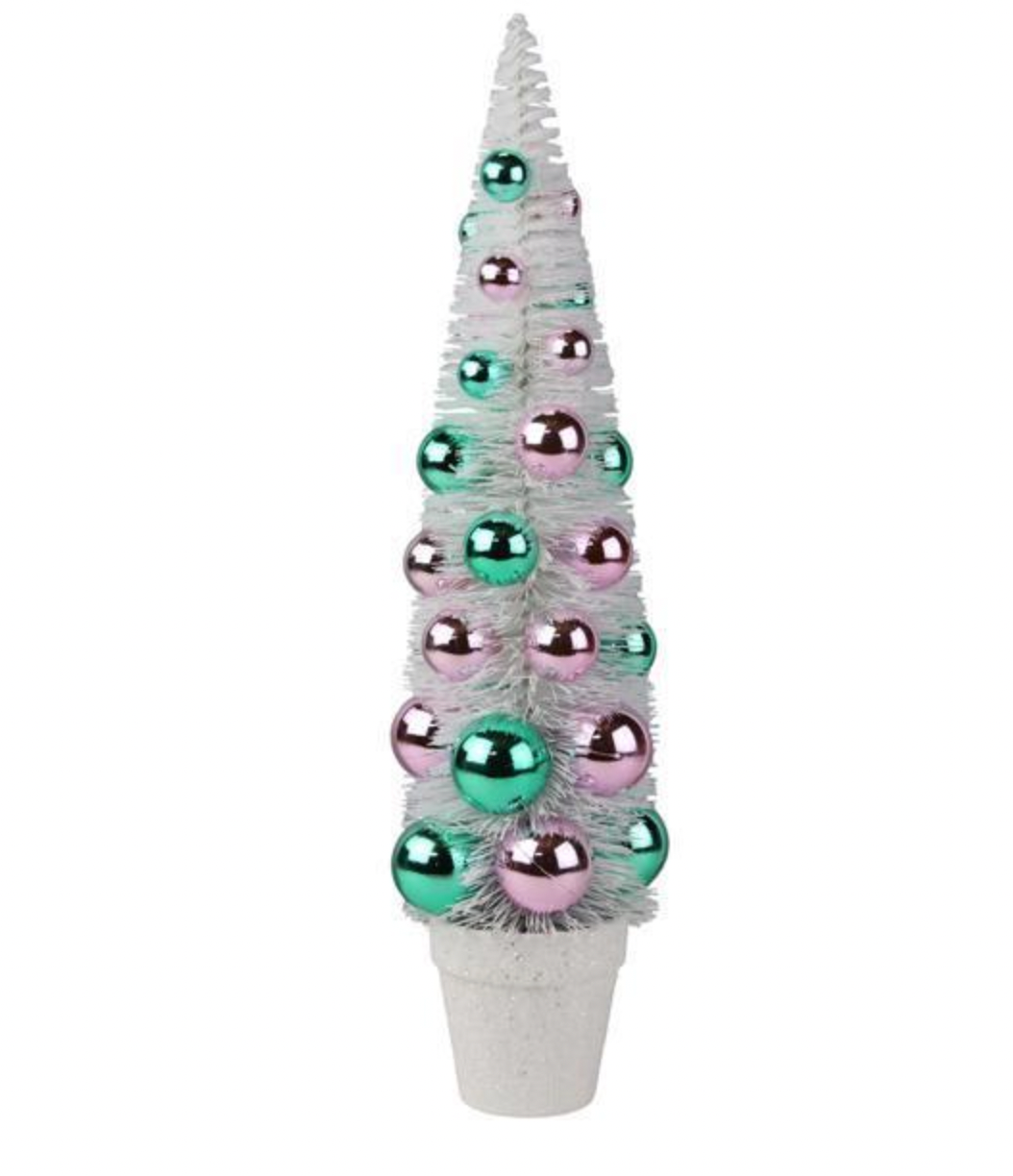 Santa's Sweet Shoppe Collection 17"H FLOCKED BOTTLE BRUSH TREE WHITE/PINK/MINT