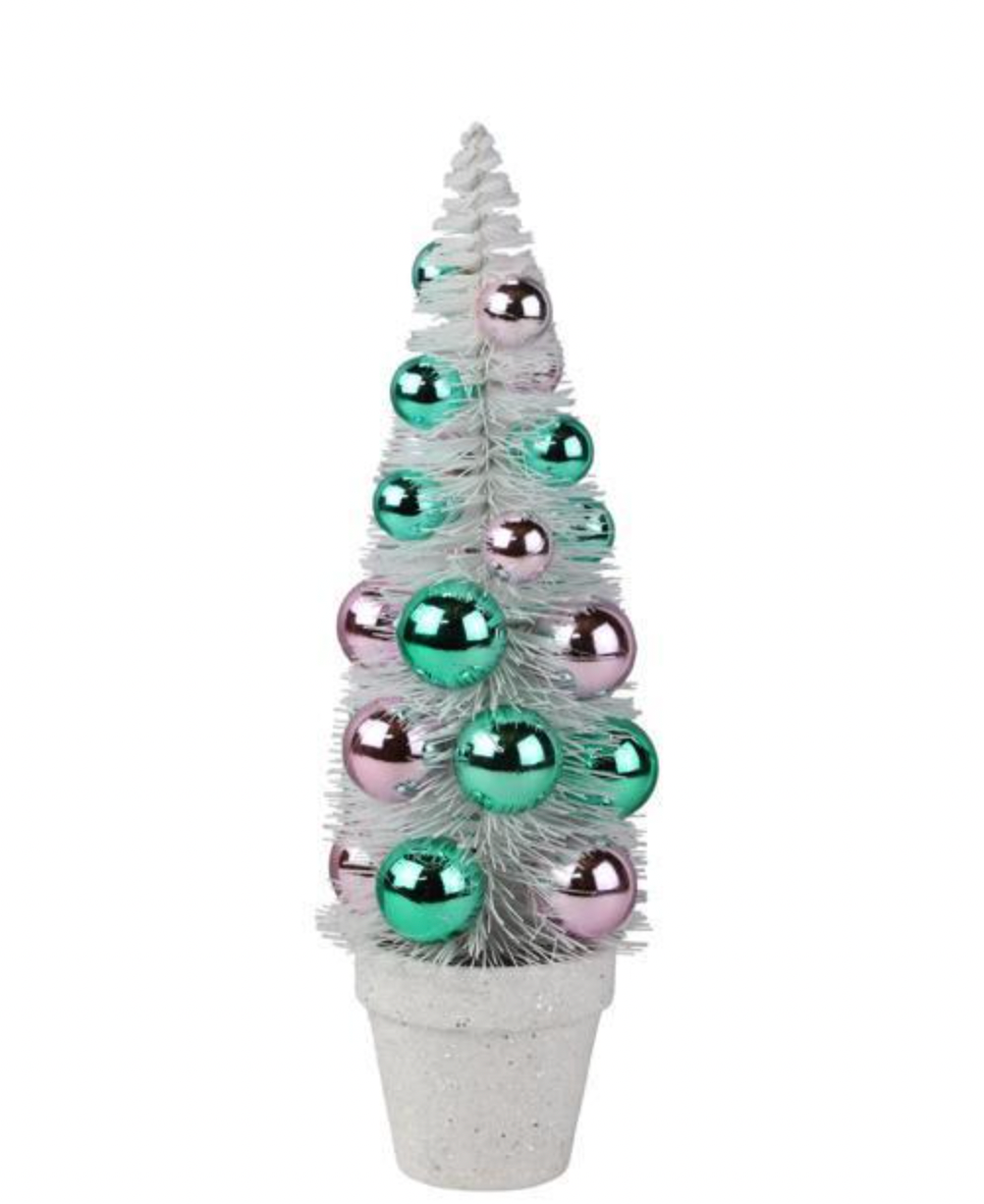 Santa's Sweet Shoppe Collection 11.5"H FLOCKED BOTTLE BRUSH TREE WHITE/PINK/MINT