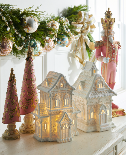 13.5" Lighted White Gingerbread House with Pearls