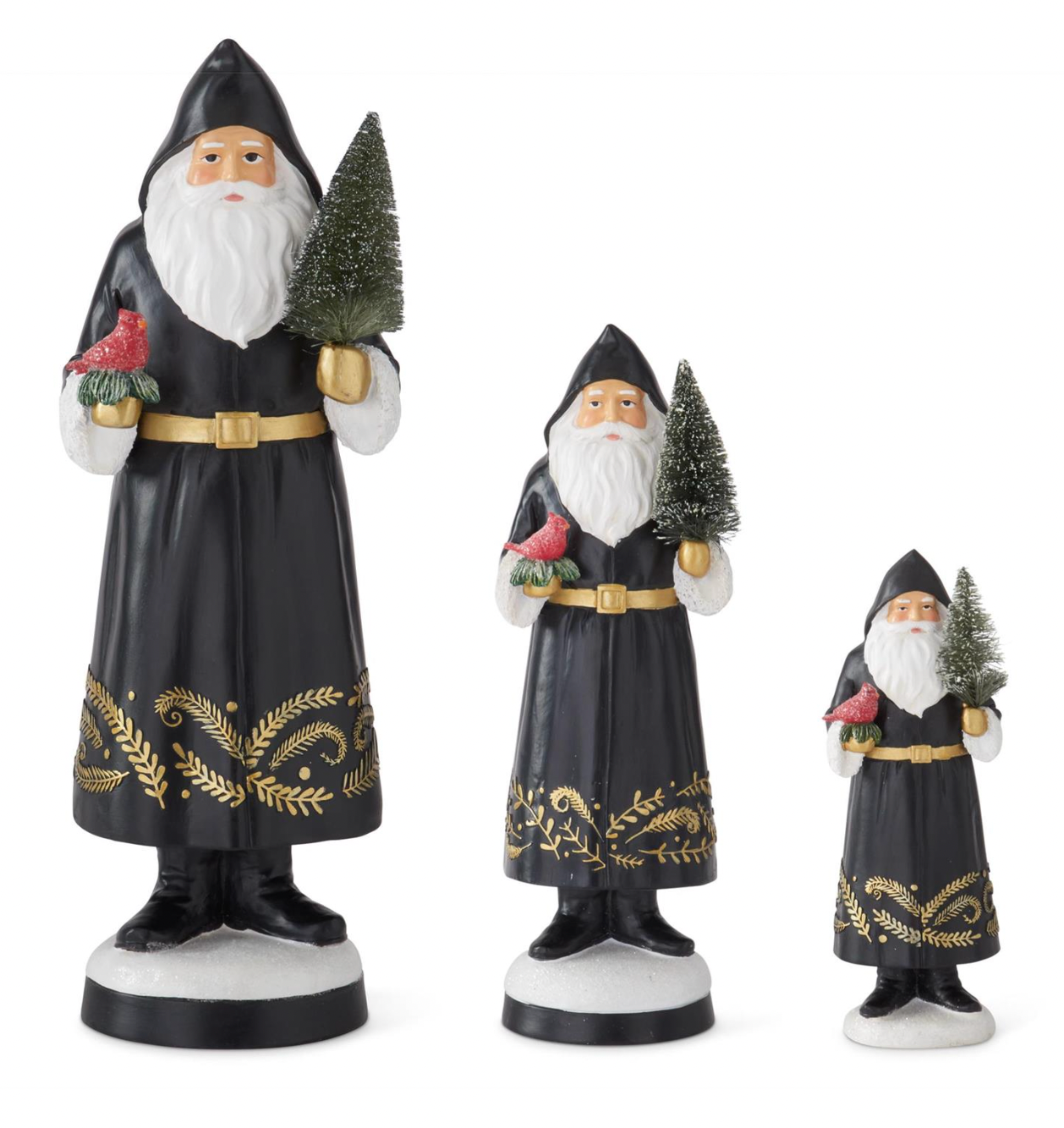 ROYAL COURT - Set of 3 Resin Black Coat Santas Holding Cardinal & Bottle Trees