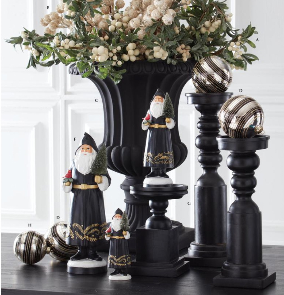 ROYAL COURT - Set of 3 Resin Black Coat Santas Holding Cardinal & Bottle Trees