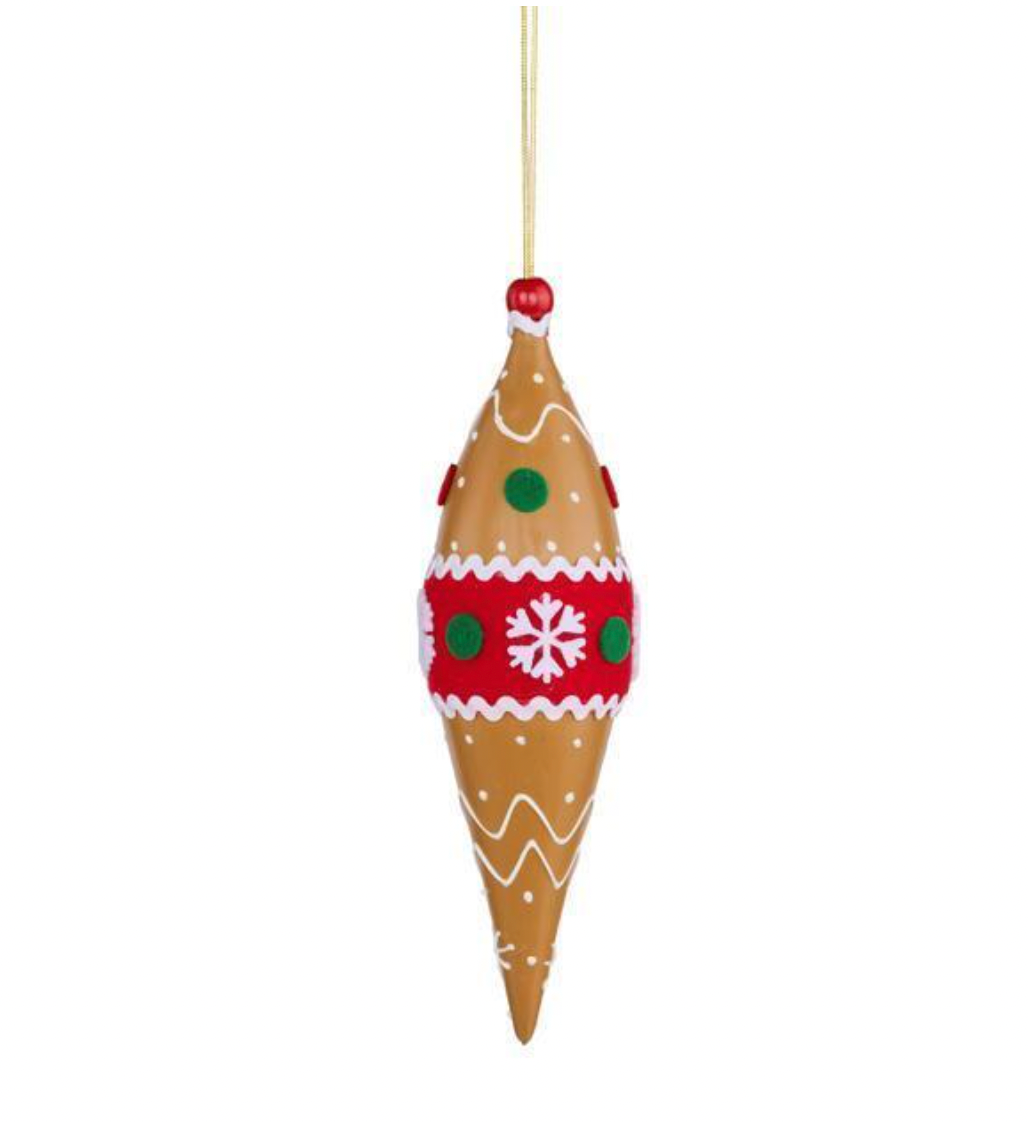 8" GINGERBREAD FINIAL ORNAMENT BEIGE/GREEN/RED