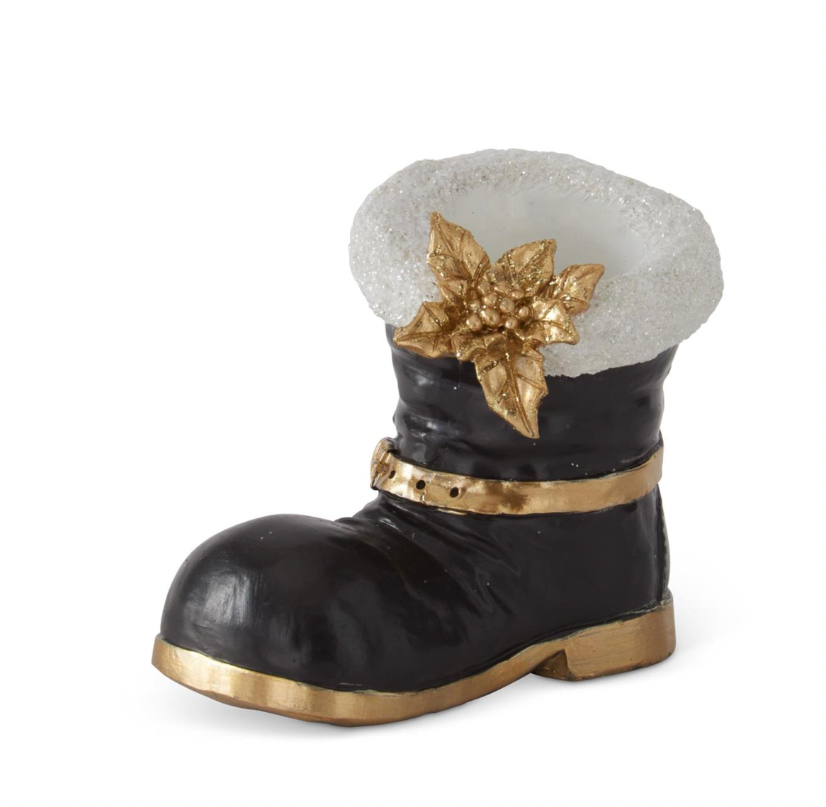 Royal Court Collection - 4.25" Black Santa Boot w/White Trim & Gold Poinsettia